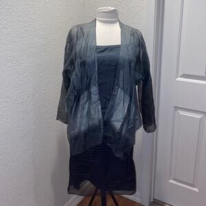 Worth Petite Sleeveless Gray Silk Midi Dress w/Thin Stripes & Taffeta Jacket Set